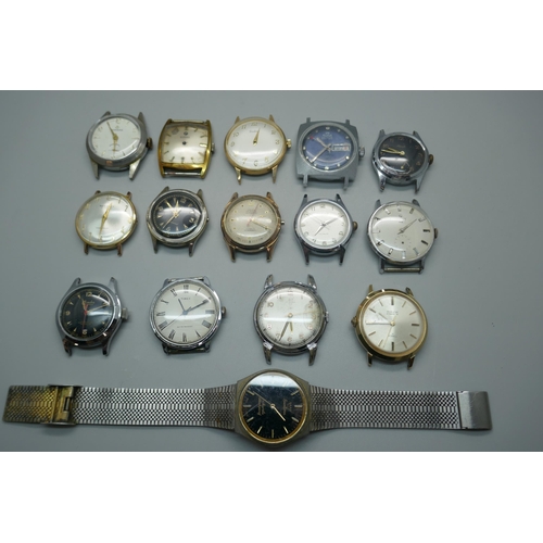 943 - A collection of mechanical wristwatch heads including Roamer, Perona, Timex, etc.