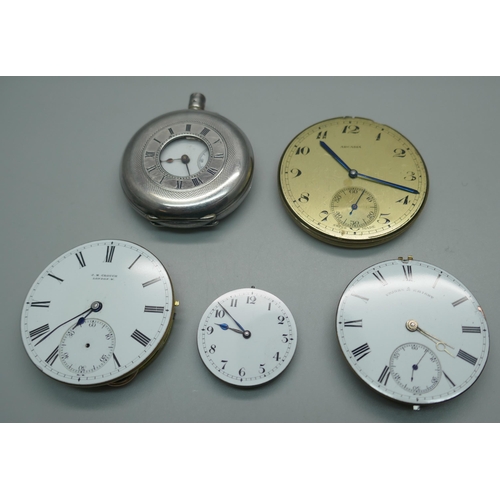 944 - A collection of watch parts including a silver half hunter pocket watch, a/f