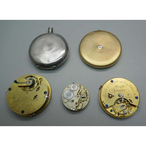 944 - A collection of watch parts including a silver half hunter pocket watch, a/f