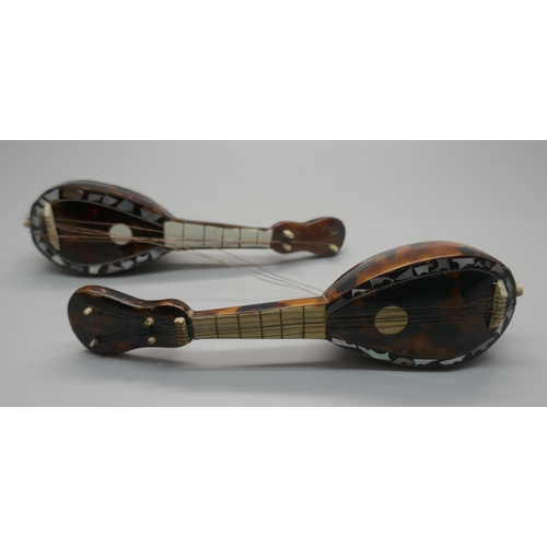 952 - Two miniature mandolins, with tortoiseshell and mother of pearl