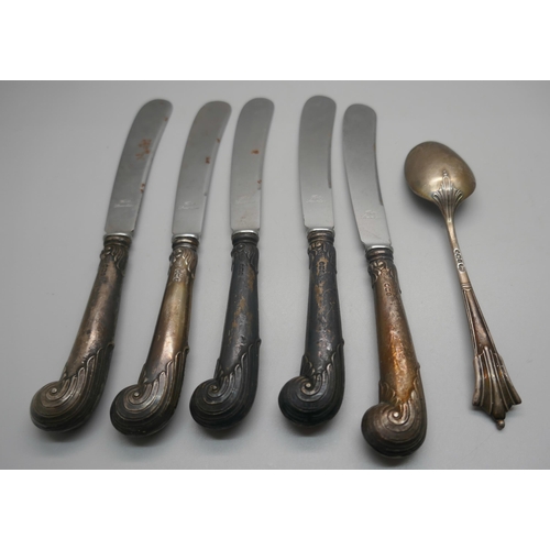 954 - A silver spoon, 25g and five silver handled pistol grip knives