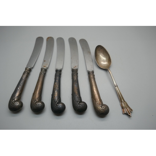 954 - A silver spoon, 25g and five silver handled pistol grip knives