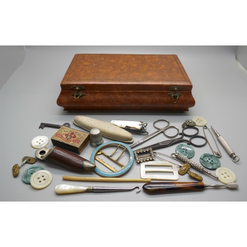 963 - Assorted items including a novelty cheroot cutter, buckle, scissors, mother of pearl handled pocket ... 