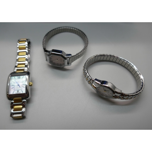 985 - Three lady's wristwatches; Rotary and two Sekonda and a wooden two layer jewellery box