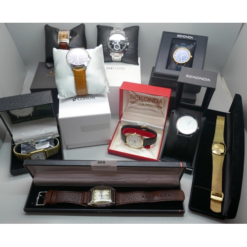 988 - A collection of gentleman's wristwatches including Accurist, Rotary, Sekonda, Seiko Solar Chronograp... 