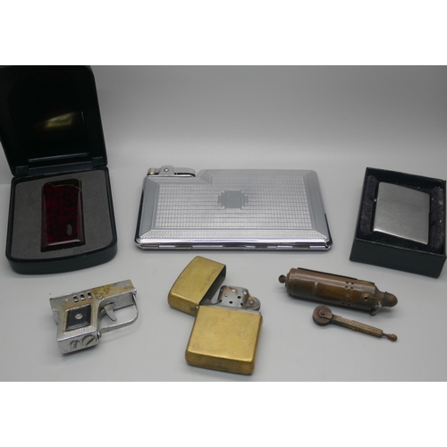 989 - Lighters; one Bowers, Kalamazoo, Michigan, a/f, two Zippo lighters, a small novelty pistol lighter, ... 