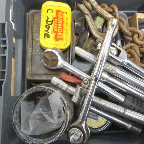 2009 - A box of assorted mechanics tools including sockets, chains, spanners, etc