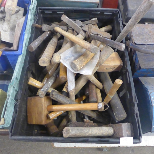 2021 - A box of wooden tools including axes, pick axes and hammers