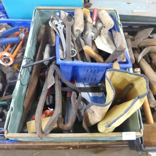 2022 - A box of various hand tools including wrenches, spanners, a G-clamp, etc.