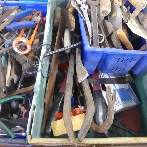 2022 - A box of various hand tools including wrenches, spanners, a G-clamp, etc.