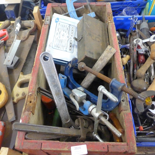 2024 - A box of various hand tools including socket sets, spanners, wrenches, etc.