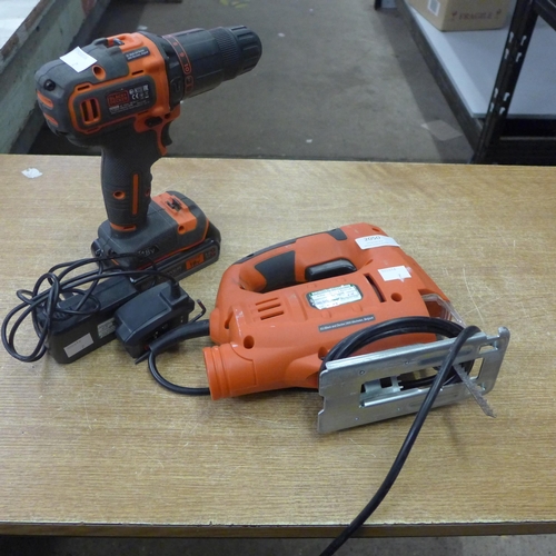 2050 - A Black & Decker 18v cordless drill with charger (KFBCD701) with Black & Decker jigsaw (BES601)