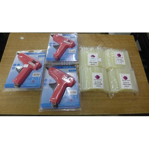 2068 - 3 Hot melt glue guns, 240v, 60w to BSI standards - sealed plus 200 glue sticks (11mm diameter x 100m... 