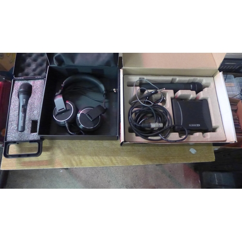 2116 - A mixed lot of audio equipment including a Line 6 microphone (XD-V25), a Sennheiser (e825s) micropho... 