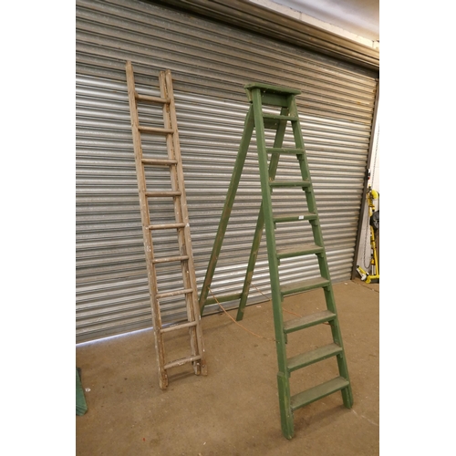 2189 - Two wooden  ladders - A double extending and a 12 rung step ladder