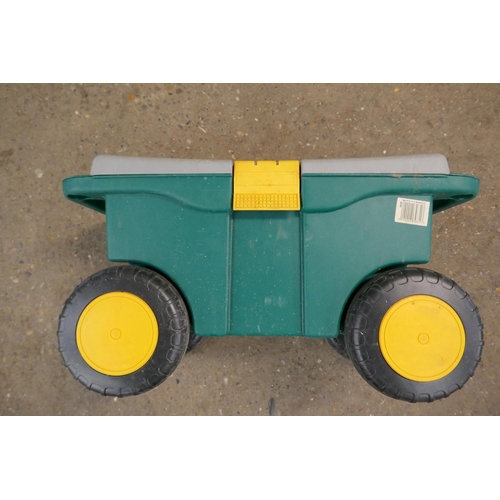 2210 - A Focus sit'n'stand garden stool with tray and latch able draw and a garden tool box with wheels