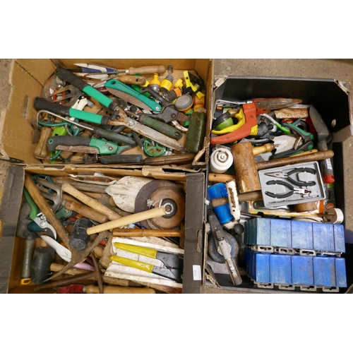 2218 - Three large trays of misc. hand tools including - mallets, shears, hose pipe, attachments and other ... 