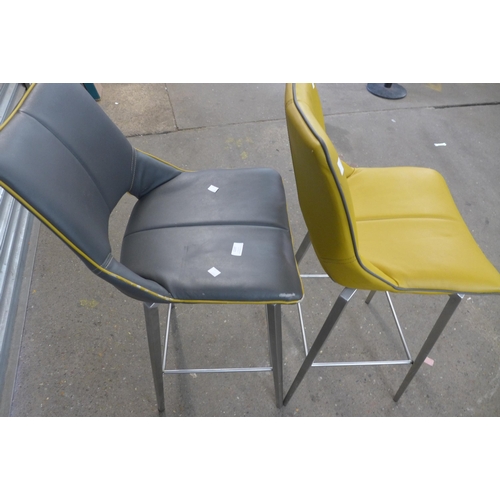 2237 - Two leather effect grey and mustard swivel bar stools