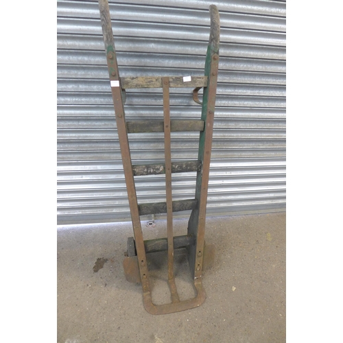 2240 - An antique oak and steel heavy duty sack trolley