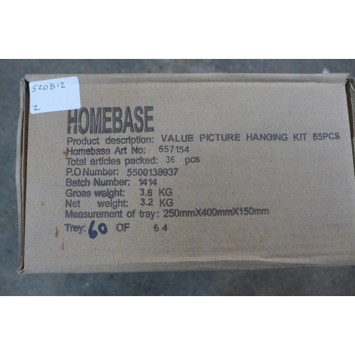 2261 - 72 Homebase 65-piece picture hanging kits, unused