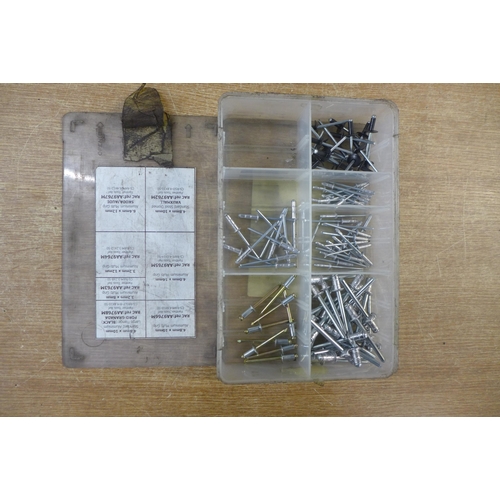 2275 - A mixed quantity of nuts and bolts, multi grips, pop rivets, assorted cutting discs, automotive inst... 