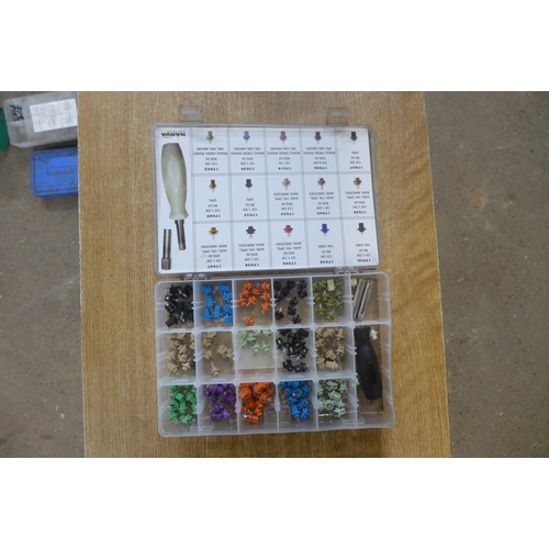 2275 - A mixed quantity of nuts and bolts, multi grips, pop rivets, assorted cutting discs, automotive inst... 