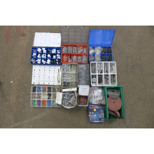 2275 - A mixed quantity of nuts and bolts, multi grips, pop rivets, assorted cutting discs, automotive inst... 