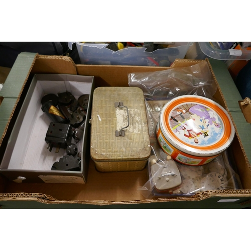 2290 - A box of various household items including plugs, spoons, mini clock faces and a large assortment of... 