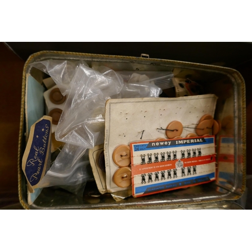 2290 - A box of various household items including plugs, spoons, mini clock faces and a large assortment of... 