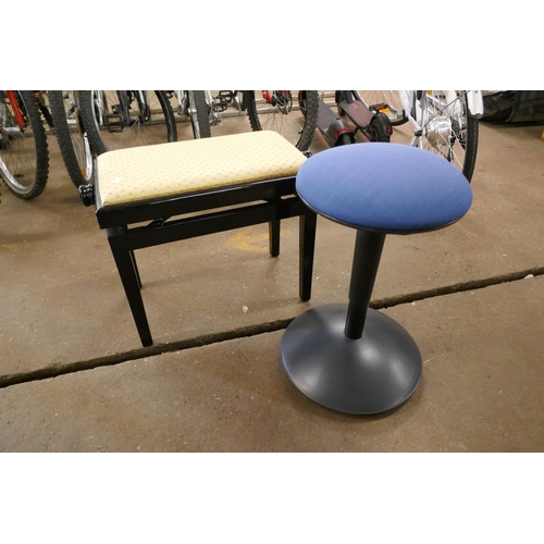 2310 - A black lacquered piano stool with fabric top and Ikea adjustable padded bedroom stool