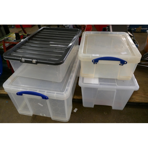 2369 - 4 Plastic storage boxes of various sizes including 2 Really Useful boxes