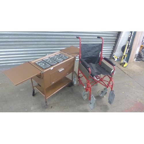 2279 - A metal hostess trolley and a small wheel wheelchair