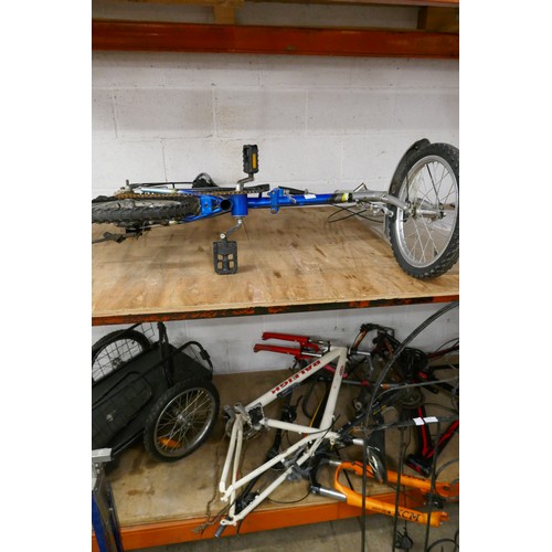 2217 - 3 Bike frames - specialised, Raleigh and Carrera with Ammaco folding bike and bike trailer