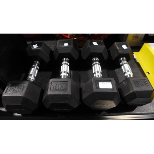 3058 - Four Weider Dumbbells (3x 10kg & 1x 6kg)  *This lot is subject to vat