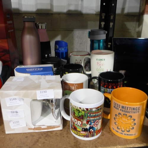 3190 - Assorted Mugs and Drinks Bottles  * This lot is subject to VAT