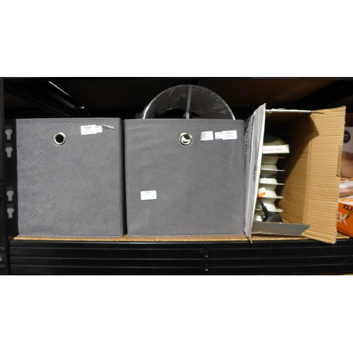 3192 - Two Fabric storage boxes containing assorted household items and Daewoo 800W mini oil filled radiato... 