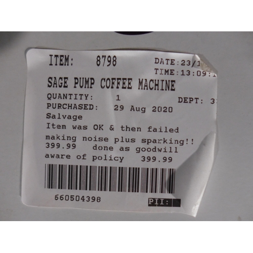 3307 - Sage Pump Coffee Machine, Original RRP £449.99 + vat     (313-72)   * This lot is subject to vat