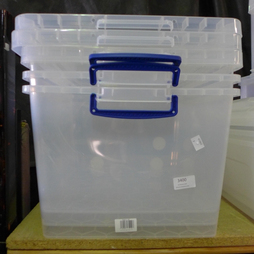 3400 - Three plastic storage containers (33.5l each)