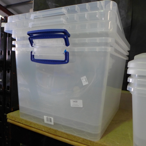 3400 - Three plastic storage containers (33.5l each)