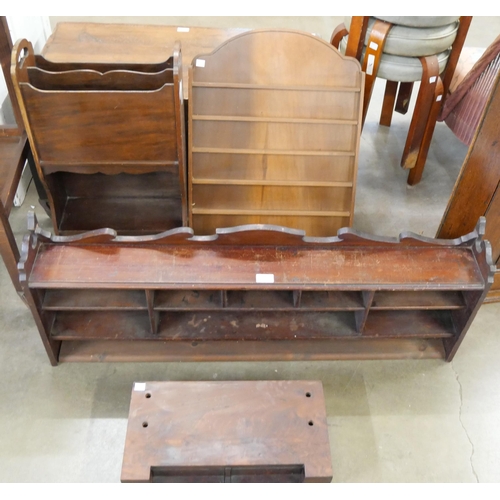 214 - An Edward VII mahogany newspaper stand, a desk top index drawer cabinet, etc.