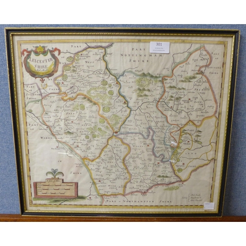 301 - A 17th Century engraved Robert Morden map, Leicestershire, framed