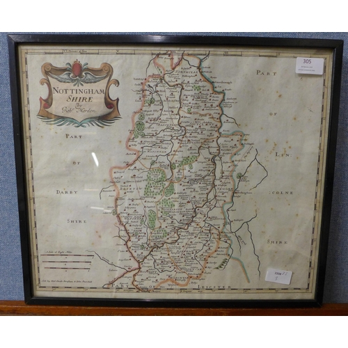 305 - A 17th Century Robert Morden engraved map, Nottinghamshire, framed