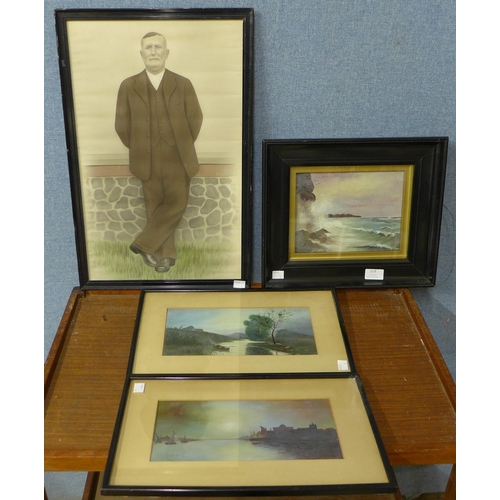 319 - A coastal scene, watercolour, pair of landscape prints and a portrait of a gentleman