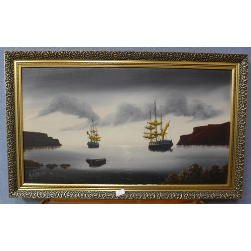 329 - Morley Wescomb, coastal landscape with ships, oil on canvas, framed