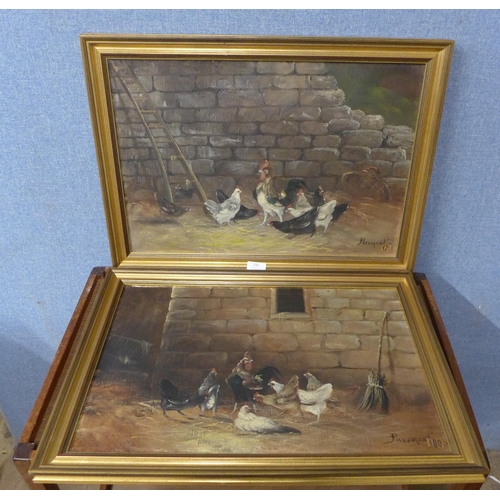 331 - * Preumont, pair of interior barn scanes with hens, oil on canvas, framed