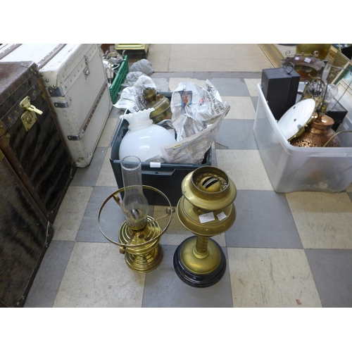 358 - Three brass oil lamps, etc.