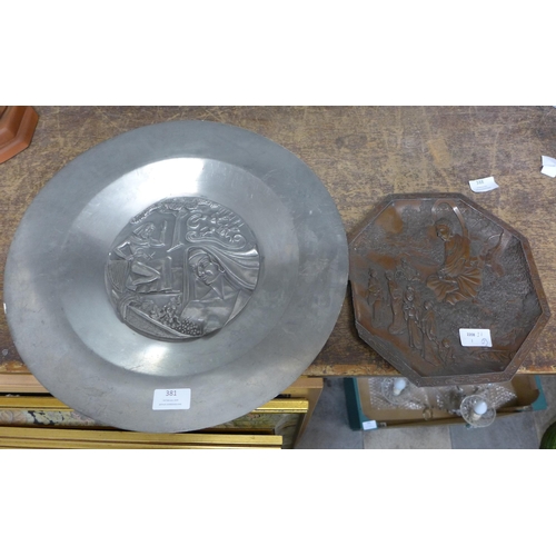 381 - A large Swedish pewter charger and one other charger