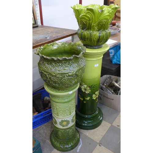 389 - Two Art Nouveau pottery jardinieres and stands, a/f