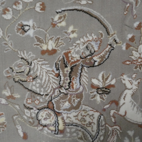 1436 - A fine woven bamboo silk pile rug with traditional hunting scene (230 x 160cm)