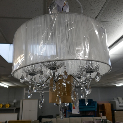 1494 - A chrome five arm chandelier with white shade